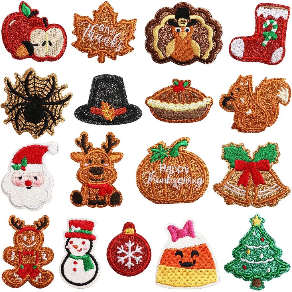 Christmas Theme Embroidery Cloth Sticker Cartoon Apple Patch Sticker Glitter Powder Material Little Squirrel Computer Embroidery Label