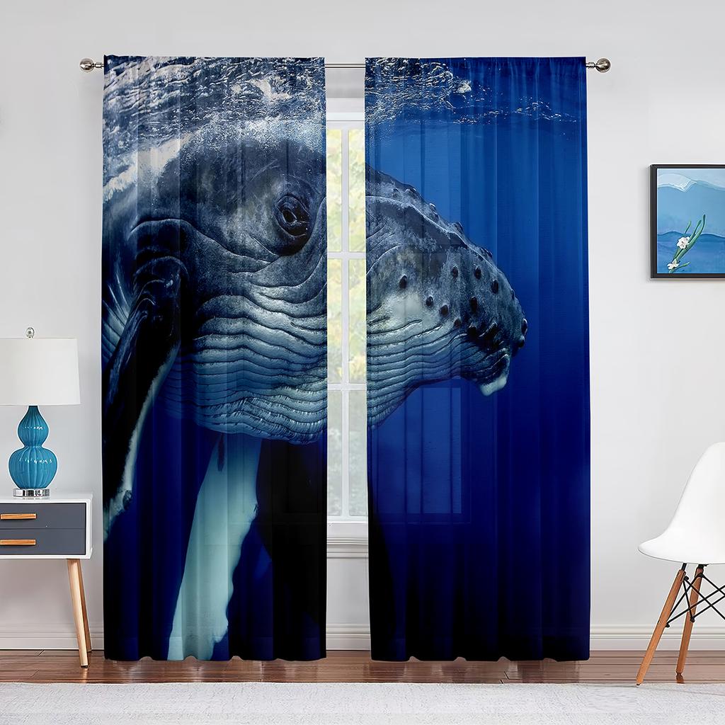 Watercolor Whale Underwater Animal Psychedelic Sheer Window Curtains for Living Room Bedroom Home Decor Chiffon Tulle Curtain