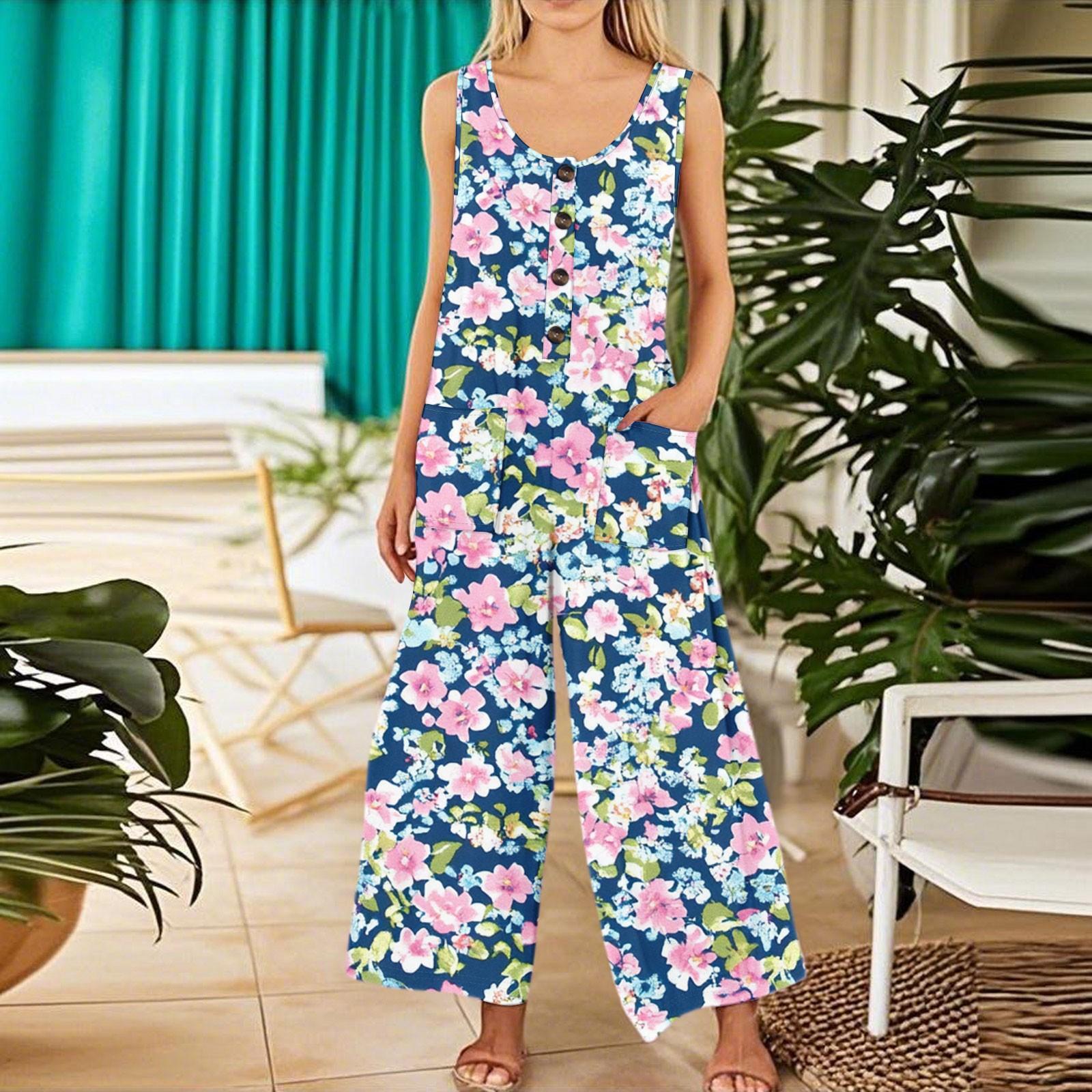 

Женский модный повседневный комбинезон без рукавов с пуговицами и цветочным принтом, хлопковый комбинезон с карманами L