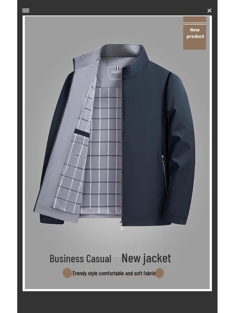 Men's Solid Color Stand Collar Zipper Jacket - Business Casual for Middle-aged and Elderly