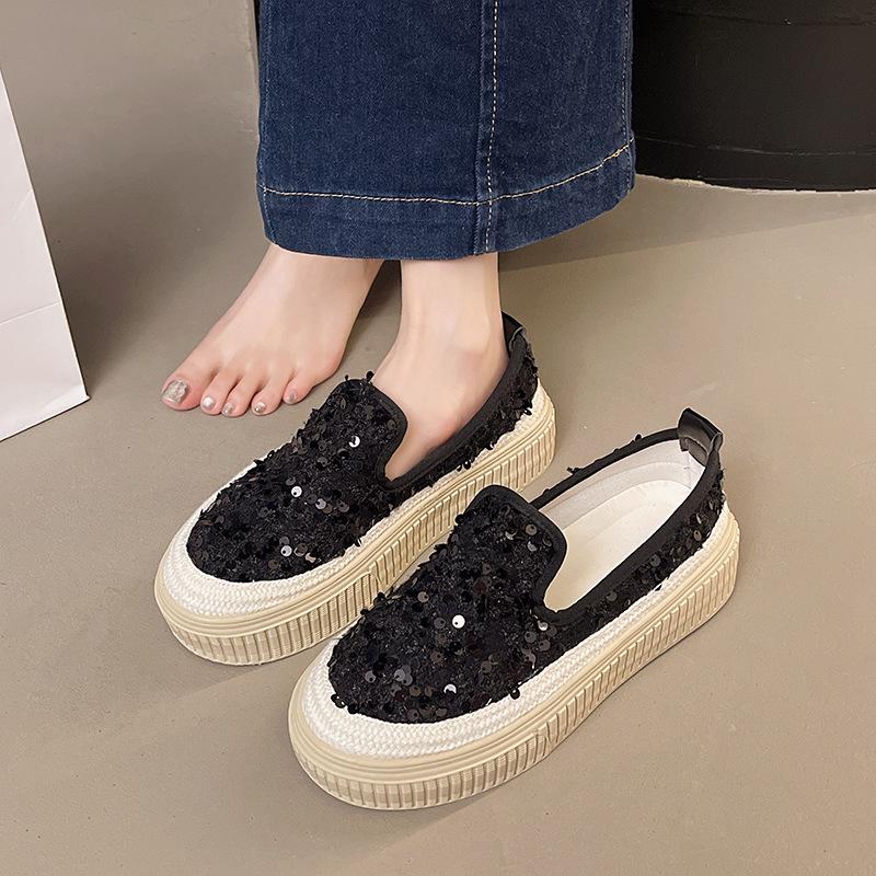 Korean Style Women's Summer Mesh Sequin Loafers - Breathable Slip-on with Thick Sole