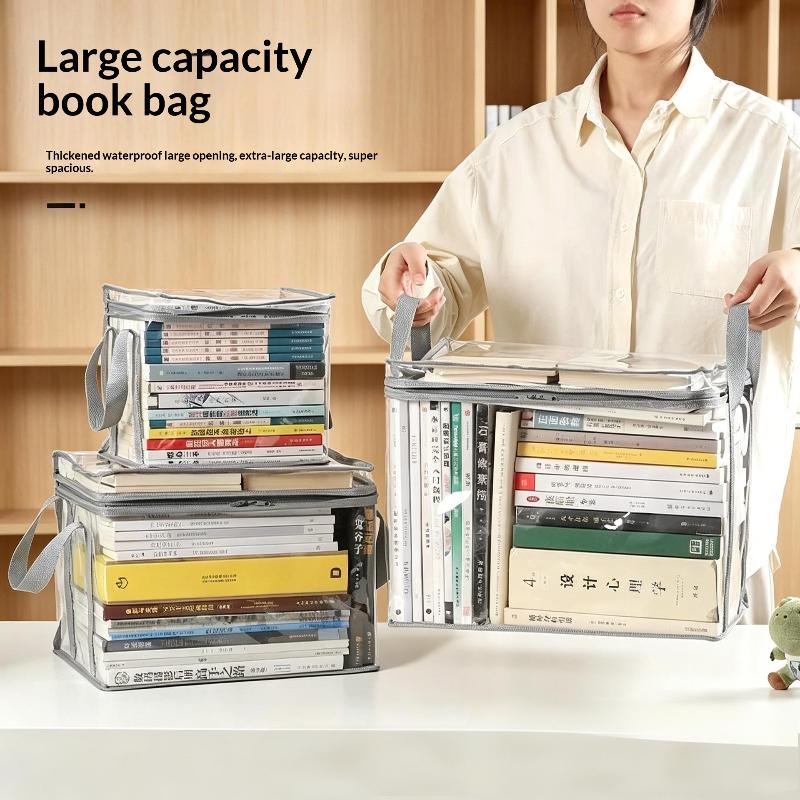 Transparent Book Storage Box with Handle Waterproof Dustproof Thickened Plastic Organizer Bins for Bedroom Book Storage