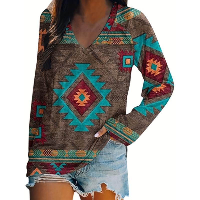 Aztec Print Long Sleeve T-shirt, Western Style V Neck Ethnic T-shirt, Women's Clothing