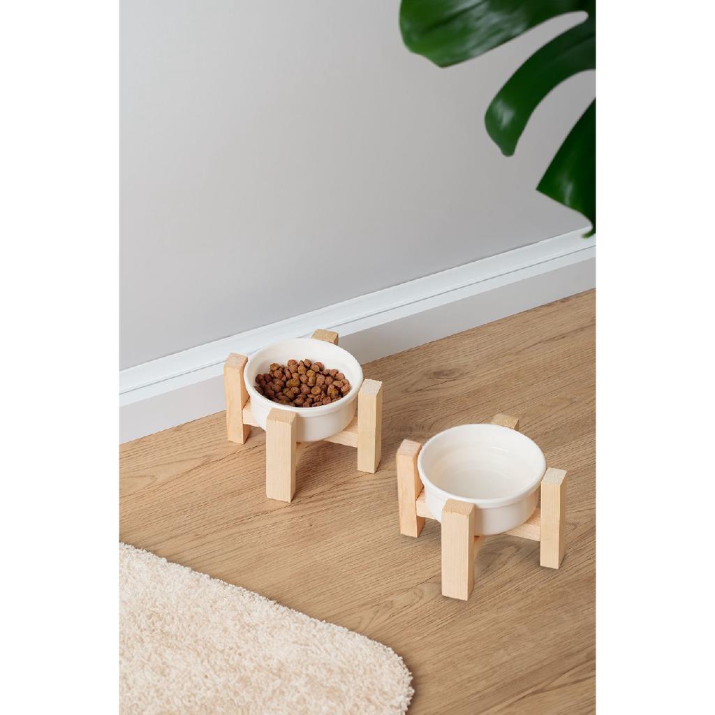 Ceramic Cat Dog Food And Water Bowl With Wooden Stand 2 Pieces Decorative Raised