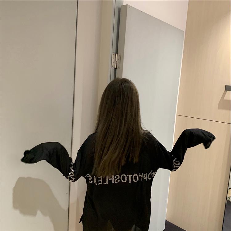 Autumn Women's Trendy Rhinestone Black Long Sleeve Loose Fit Top - Plus Size Slimming Cover-up