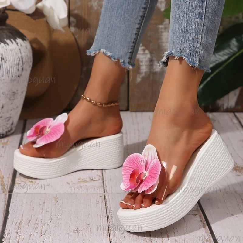 Fashion Flower Decor Wedge Sandals Women 2025 Summer Chunky Platform Beach Slippers Woman Plus Size43 Light Non Slip Outdoor Slides