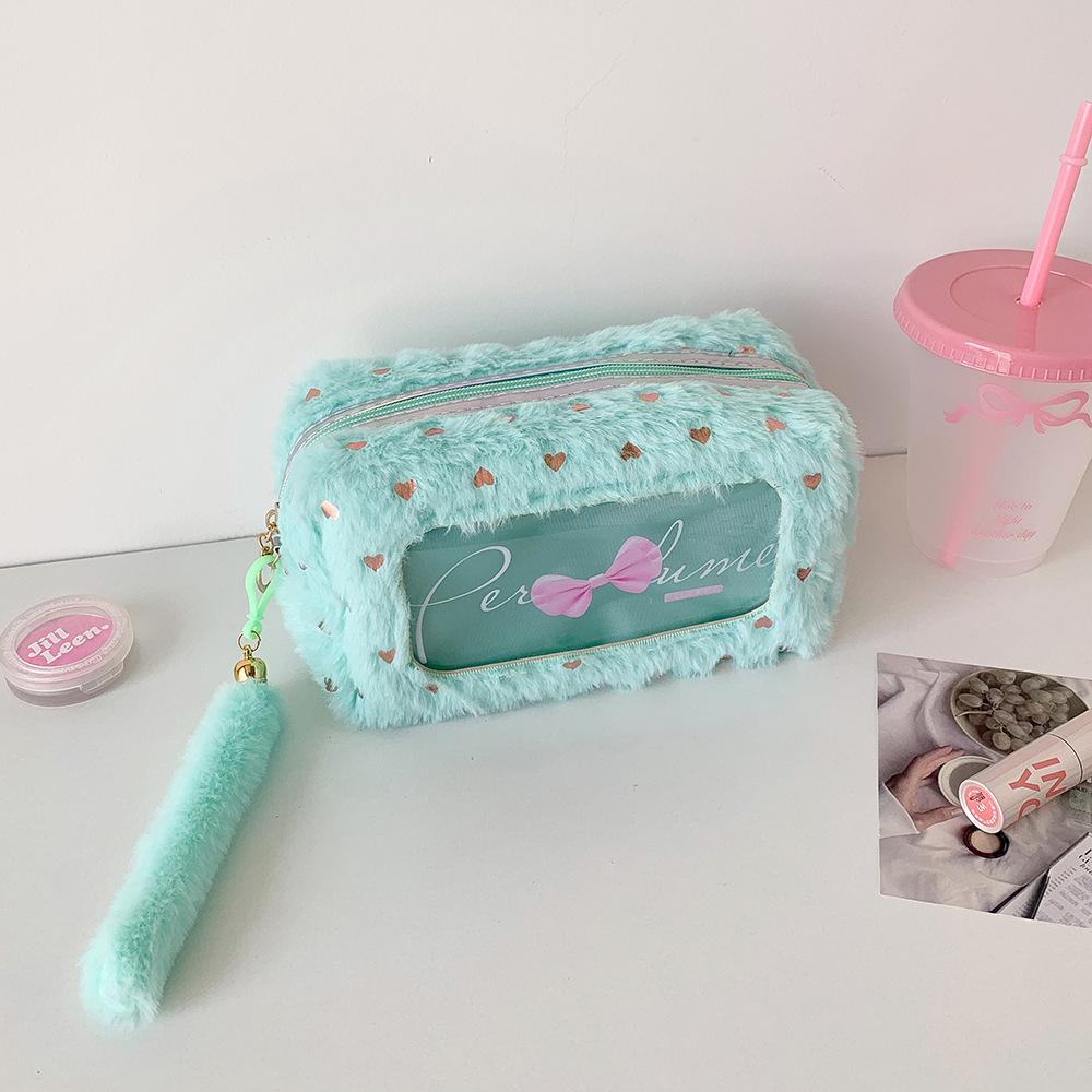Candy Color Plush Makeup Bag Transparent Cosmetic Bag Girl Bow Pencil Case Stationery Pouch Student Makeup Organizer Wash Bag