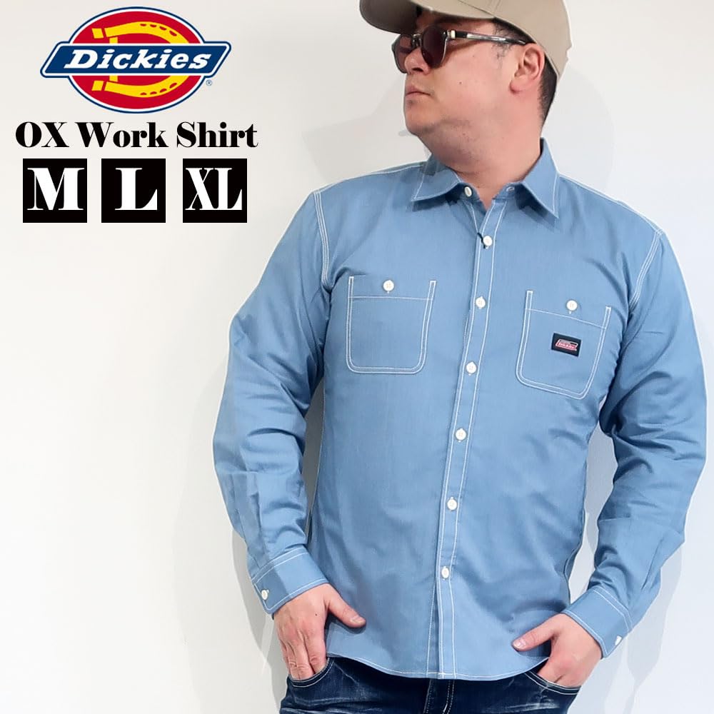 Men's Dickies Oxford Work Shirt, Long Sleeve, Sizes M, L, XL, White, Cobalt, Navy, Striped, One-Point Design, 10001812 (JP, Alphabet, XL, WHITE)