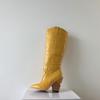 Leather women knee high boots pointed toe western cowboy boots women mid-calf chunky wedge boots