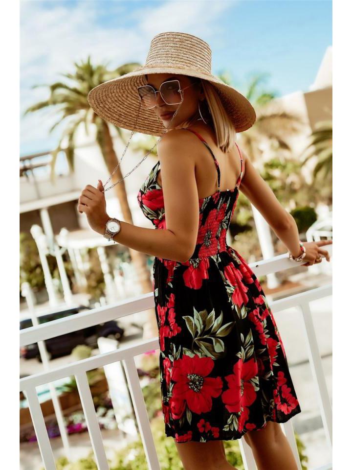 2024 European & American V-Neck Printed Sexy Suspender Waist-Cinching Dress