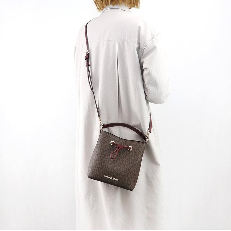 Michael Kors MK Suri Commuter Monogram Drawstring Leather Bucket Bag Women Handbags Berry-Purple 35T0GU2C0B-MERLOT