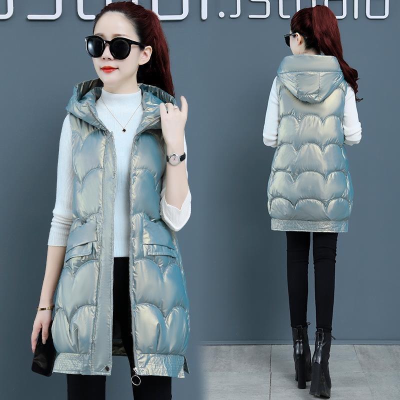 Cotton-padded vest leave-in women's autumn and winter new medium and long vest glossy down cotton vest jacket