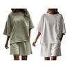Women's Casual 2 Piece Outfit Crew Neck Short Sleeve Top Elastic Waist Shorts Set