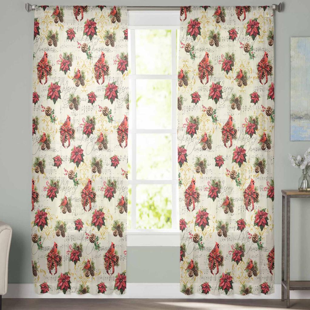 Christmas And Winter Poinsettia Curtains For Living Room Bedroom Home Decoration Window Voile Tulle Curtain Drapes