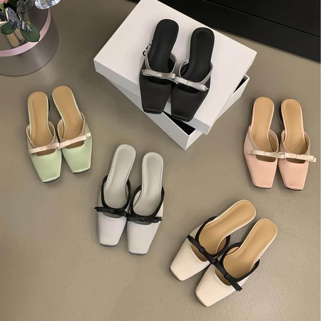 French Satin Square Head Bow Half Slippers Women Wear Low Heel Flats