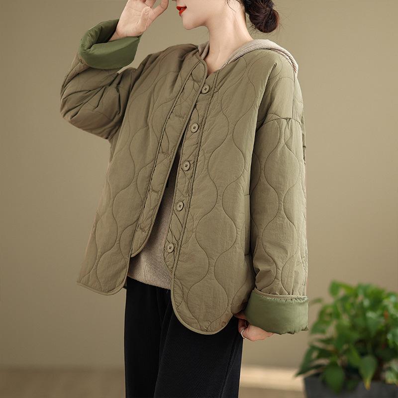 

Retro loose casual cotton-padded jacket light round neck rhombus cotton coat women 2XL