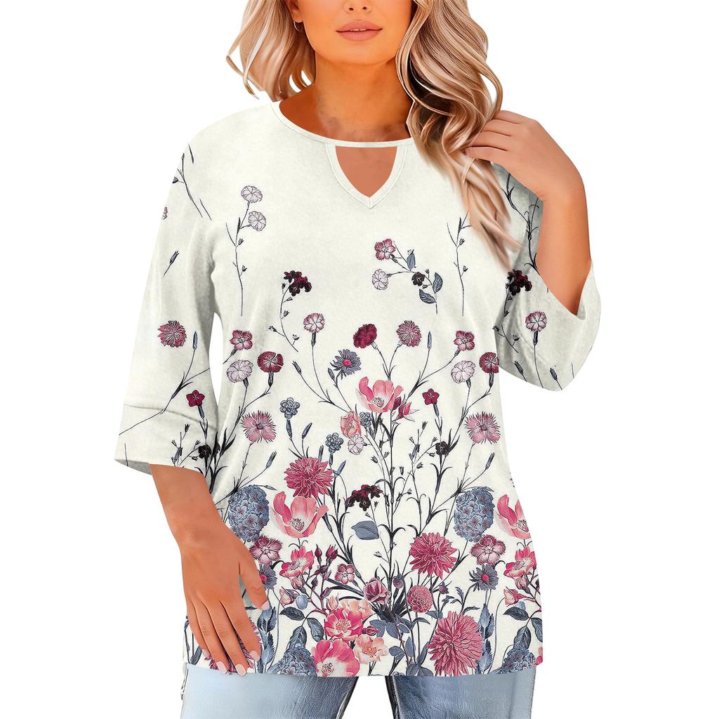 Women's Fashion Casual Round Neck Three-Quarter Sleeve Oversized Print Top
