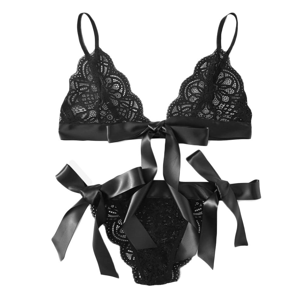 Women Bra Sexy Underpant Scalloped Trim Tie Side Lace Set Lingerie Bow Babydoll