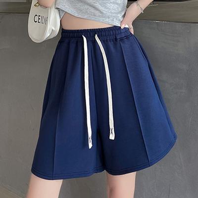 Women Summer Sports Solid Color Drawstring Breathable Elastic High-Waisted Wide-Leg Casual Pocket Shorts Pants