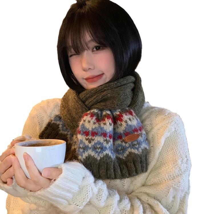 Fair Island Coffee Knitted Scarf Women's Year Winter Korean Atmosphere Warm Versatile Student Neck Scarf