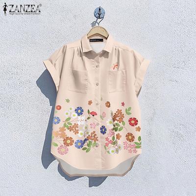Women Casual Turn Down Collar Summer Short Sleeve Floral Blouse
