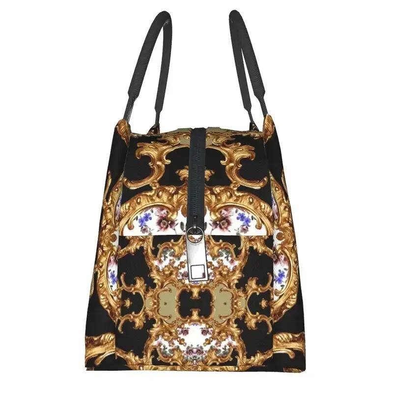 Gold Baroque Elegance Insulated Lunch Bag for Women Leakproof Geometric Patterns Cooler Thermal Lunch Box Beach Camping Travel