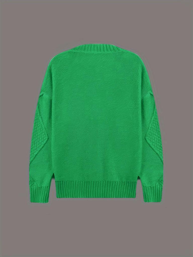 Women's European and American Casual V-Neck Cable Knit Sweater Coat - Solid Color, Autumn/Winter Pullover.