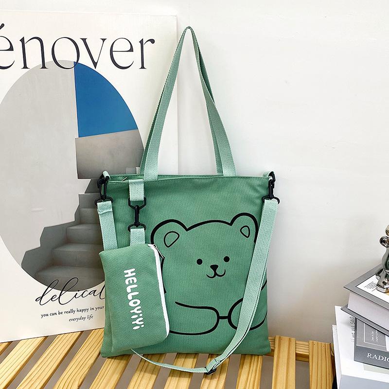 

2025 Cartoon Canvas Crossbody Bag with Pencil Case - Lightweight & Multifunctional зелёный