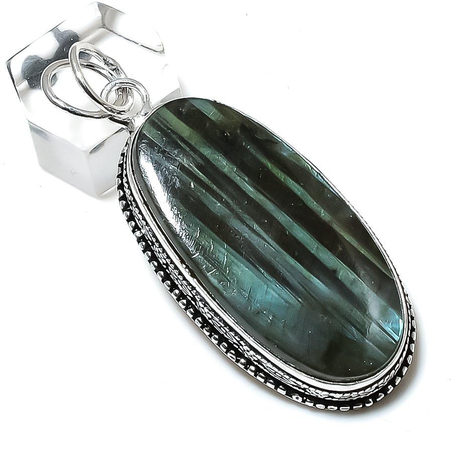 Natural Labradorite Gemstone Handmade 925 Sterling Silver Pendant 2.44" o8V41
