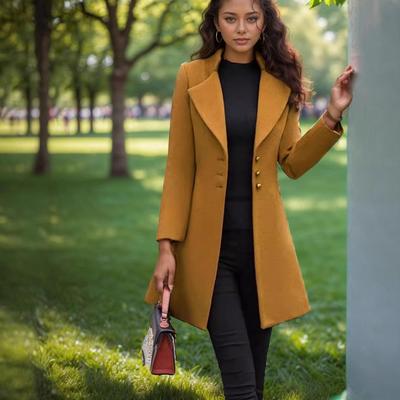 Women's Mid-Length Wool Coat with Turn-Down Collar - Slim-Fit, Solid Color, Casual Autumn/Winter Outerwear.
