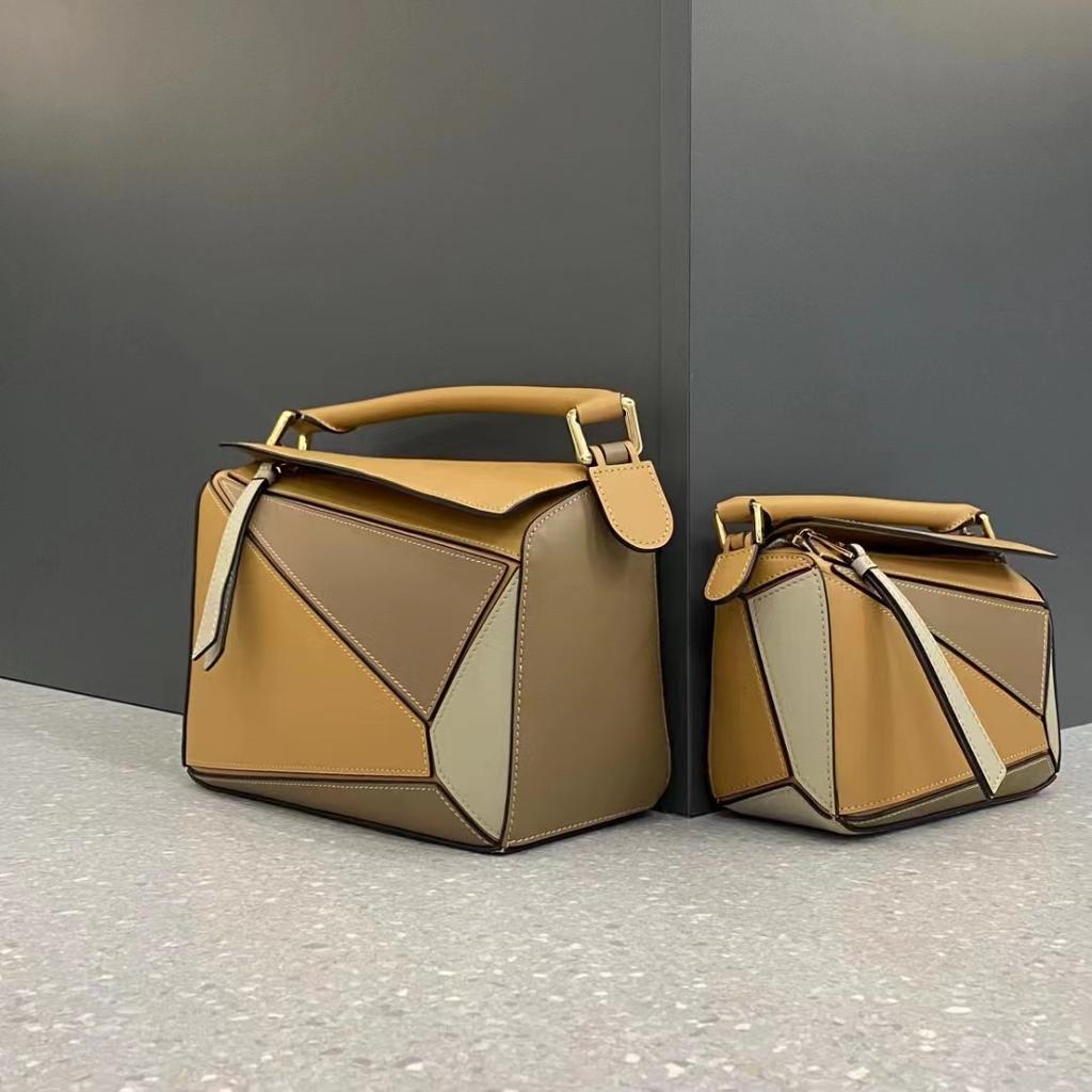 Leather Handmade Beeswax Line Geometric Bag Niche Light Luxury Pillow Bag Trend Splicing Shoulder Messenger Bag Women's Small Square Bag