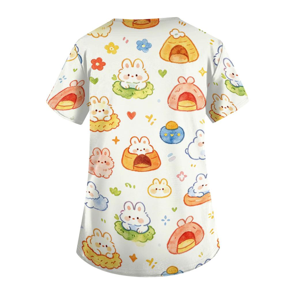 Women's V Neck Short Sleeve Work Top with Pockets Animal Print Medical Scrub Shirt for Healthcare Professionals Nursing Uniform