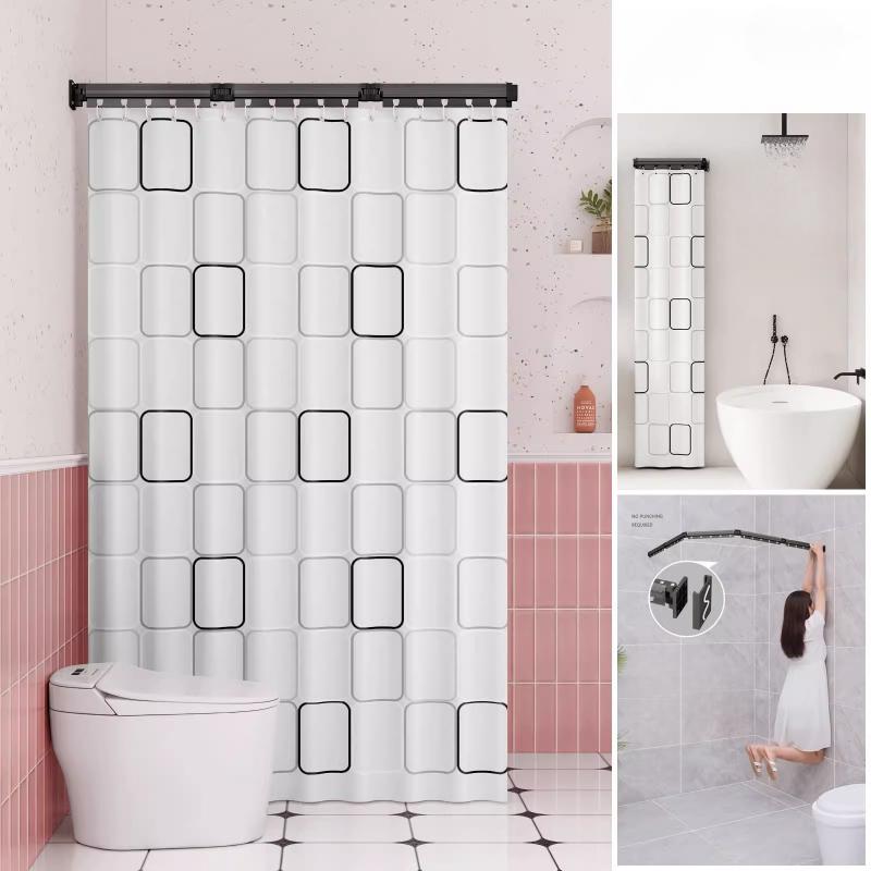 Foldable Shower Curtain Rod for Bathroom and Toilet, No Need To Drill Holes, Dry-wet Separation, C-shaped Waterproof Shower