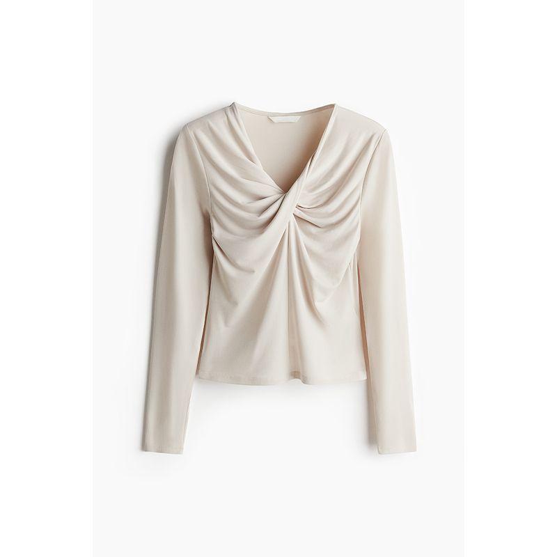 

Женская футболка HM 2025 Лето Новинка Приталенный V-образный вырез Длинный рукав Темперамент Формальное платье Топ с драпировкой-скруткой 1283566