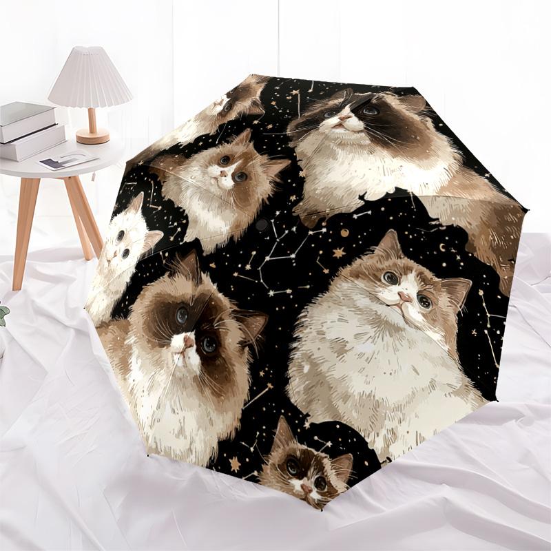 1 PC Automatic Folding Umbrella - Space Cats Pattern, Portable & Foldable Design with 8 Ribs, Christmas Birthday Gifts