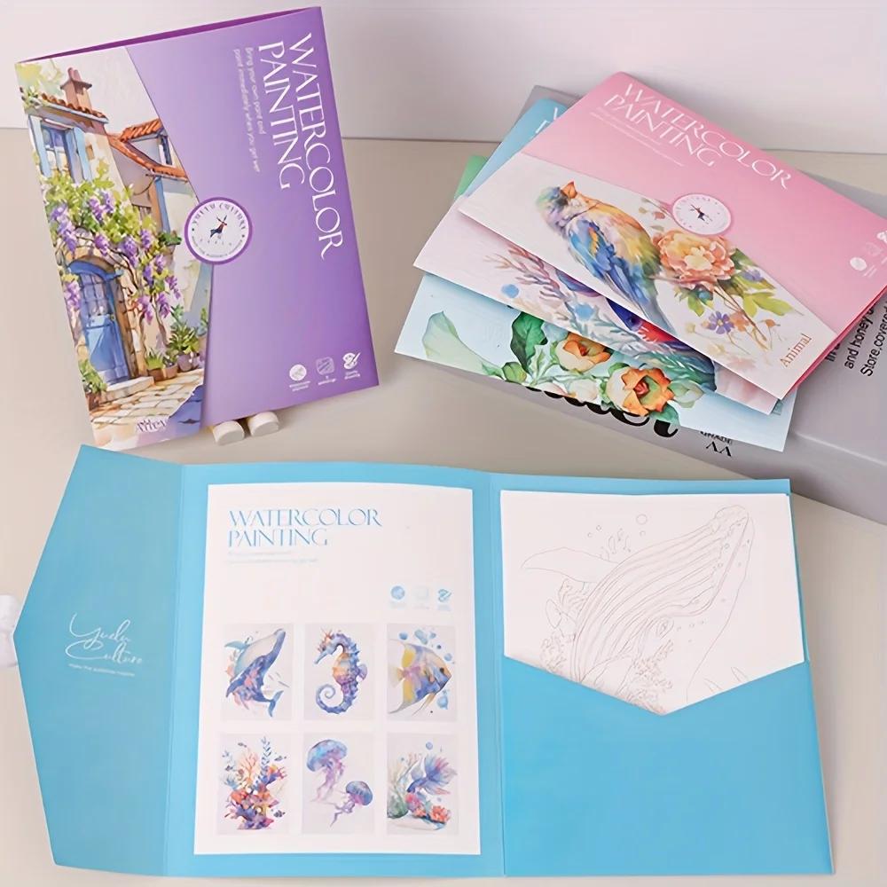 A Set of Creative Watercolor Painting Tools - Adult Coloring Book with Landscape and Floral Patterns