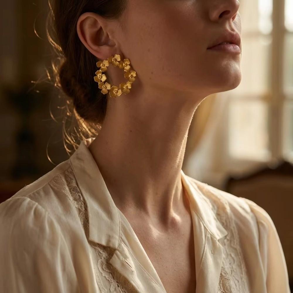 Stainless Steel Floral Wreath Earrings Waterproof Women Earrings Trendy Flower Circle Studs Gift