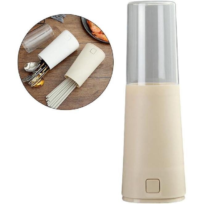 Beige Plastic Chopstick Holder with Lid, Detachable Drain Rack for Kitchen Utensils Organization, Spoon and Fork Storage Organizer, 3.34 X 3.34 X