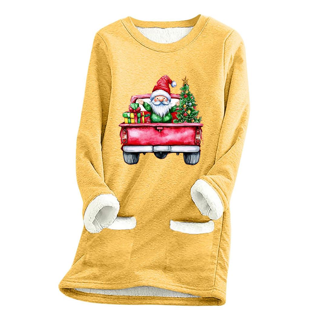 Ladies' Loose And Comfortable Round Neck Christmas Print Thick With Pockets Long Sleeved Top