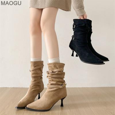 Stivaletti Autunnali da Donna Khaki Retro Punta Acuta Tacco a Spillo Corti Stivaletti Moda Classica Stivali Eleganti