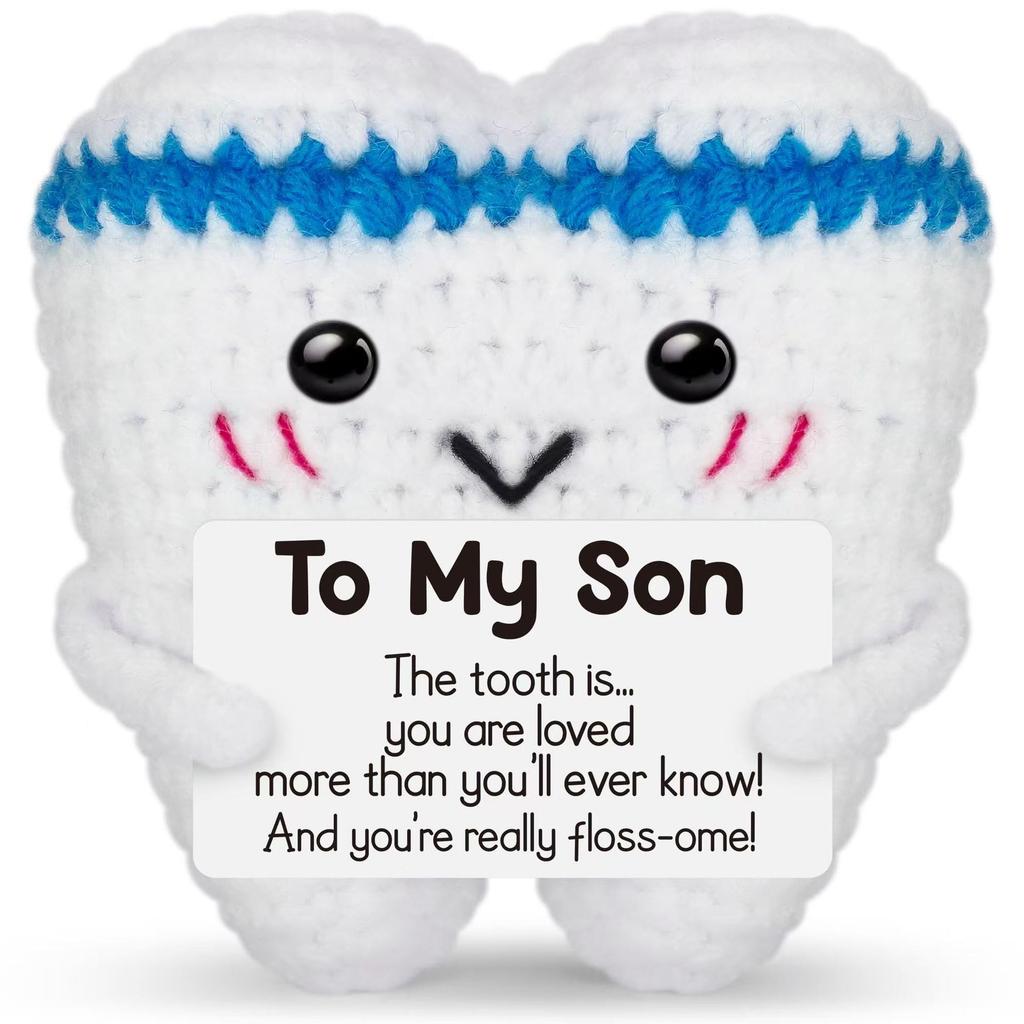 Funny Crochet Positive Energy Tooth Doll With Card Home Room Decoration Handmade Knitted Tooth Desktop Ornament Christmas Gifts