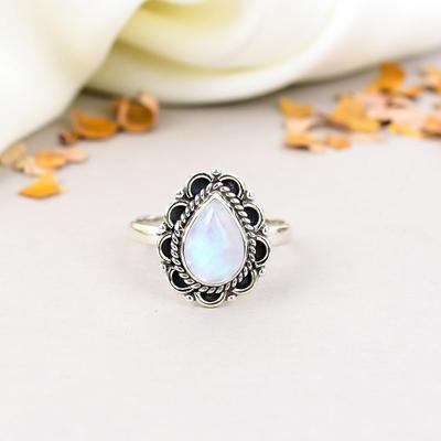 925 Sterling Silver Rainbow Moonstone Pear Shape Gemstone Ring For Women