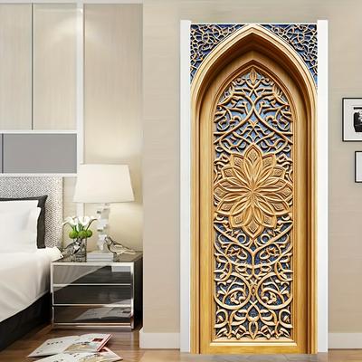 Elegant Floral ArabicDoor Sticker Wallpaper PVC Landscape Home Decor Furniture Vinyl Wrap Waterproof Wall Sticker Bedroom Door Decorative Film