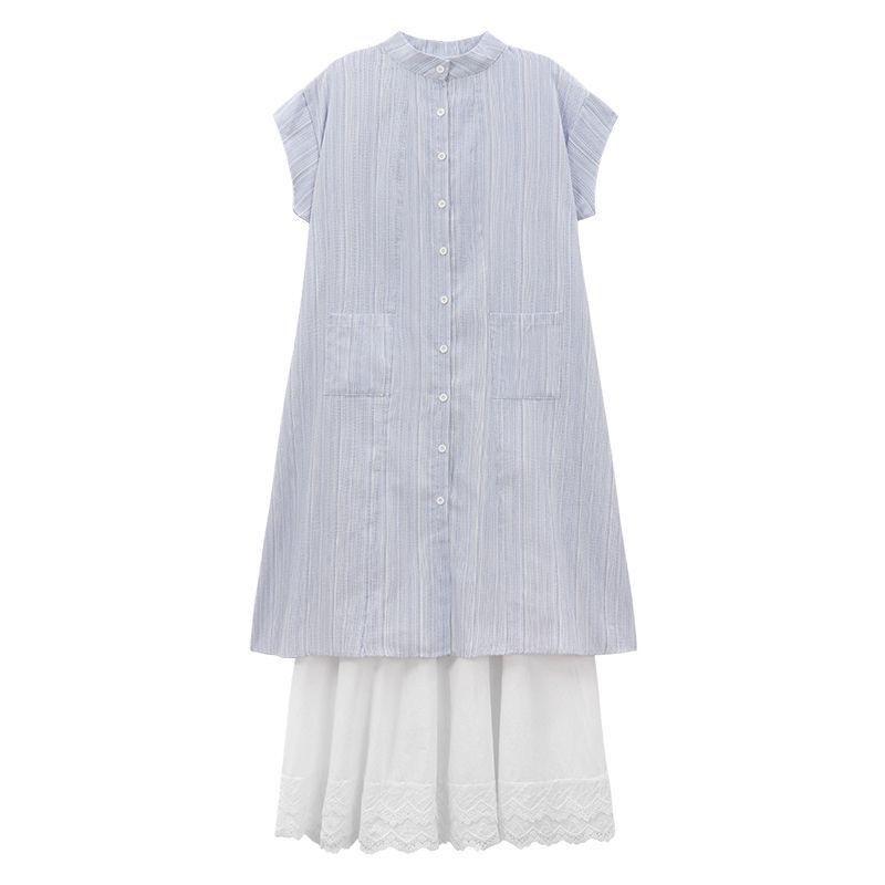 Large size college style sweet stacking suit women's summer 2026 striped shirt dress wide-leg pants skirt two-piece set