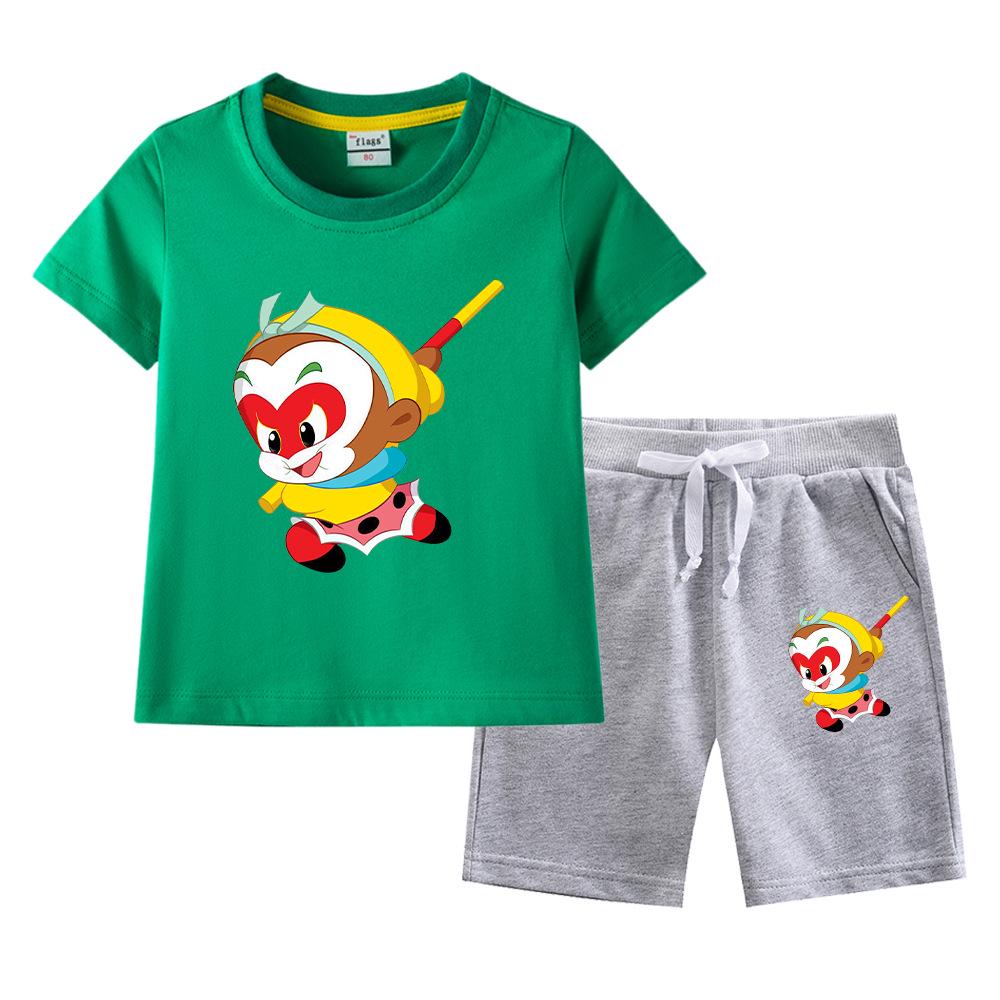 Sun Wukong Boys' Summer 2023 Cotton Outfit: Short Sleeve T-shirt & Shorts Two-Piece Set