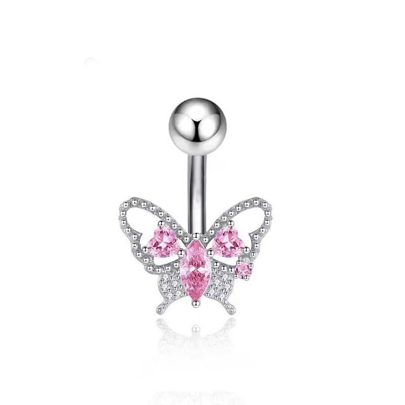 Pink Zircon Belly Button Rings Stainless Steel Heart Butterfly Navel Piercing Barbell For Women Beach Belly Ring Body Jewelry