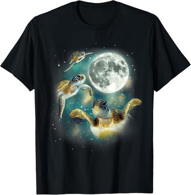 Trzy żółwie morskie latające w noc księżycową Graficzny T-shirt Kosmiczny Casualowa bawełniana koszulka z krótkim rękawem