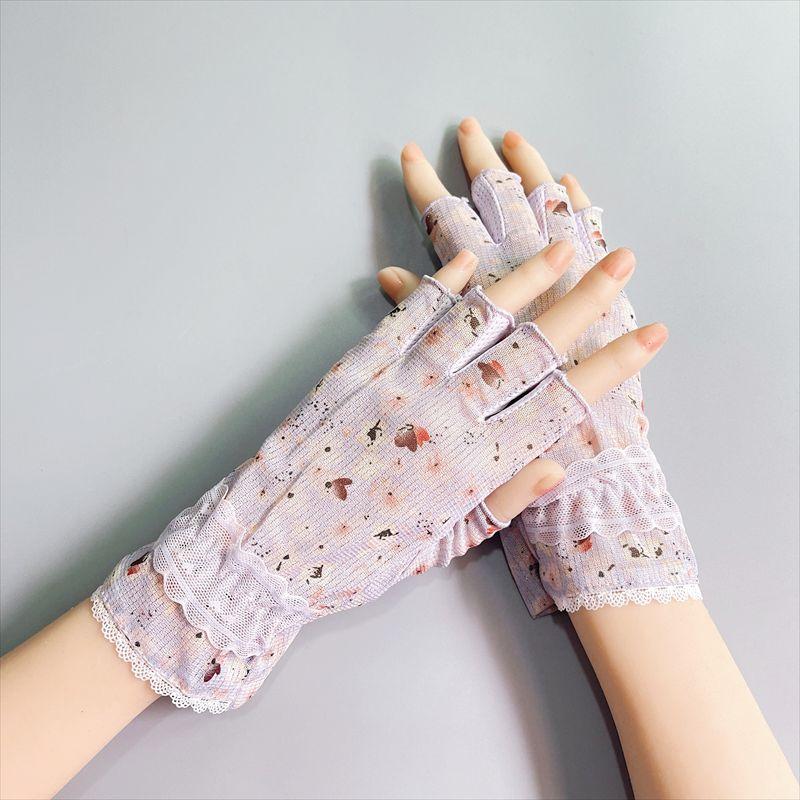 

Haw Tree Weaving Floral Half Finger Sun Protection Gloves Women Thin Summer Driving Cycling Non-Slip Lace Breathable Short 23 Lace large floral half-finger purple One size