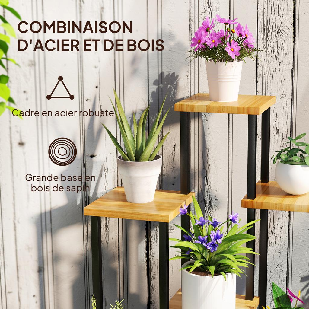 7-Tier Plant Stand for Indoor and Outdoor, Plant Shelf In Steel and Wood, Natural Wood