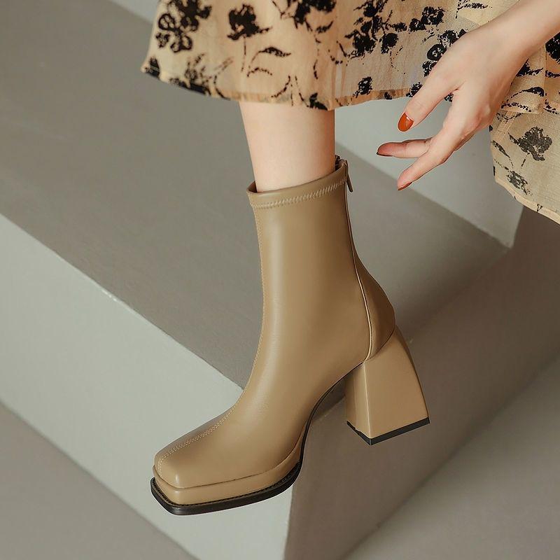 Women's Soft Leather Elastic Ankle Chunky Heel Boots - Autumn/Winter 2025, Square Toe, Plush, Platform Martin Style.